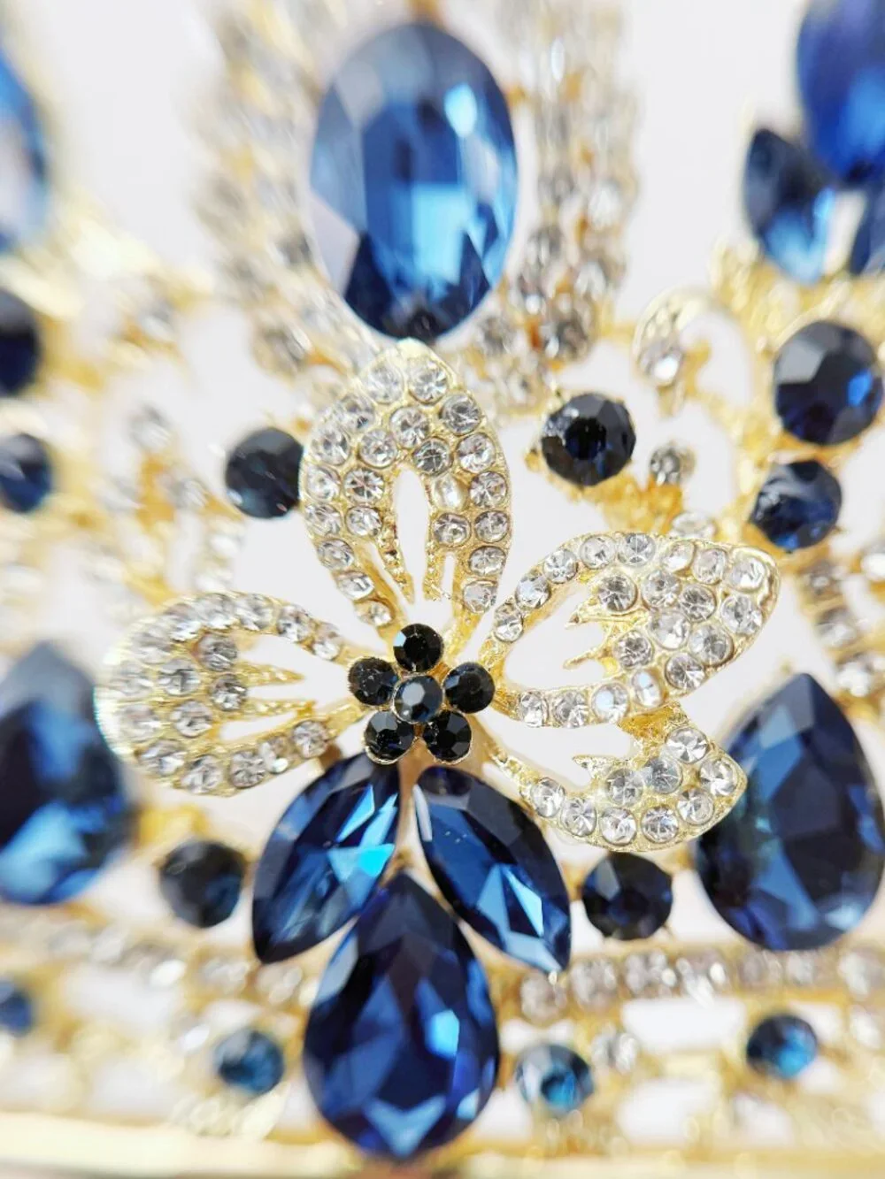 Blue Crystal Flower Tiara Crown Gold Bridal Wedding Pageant Prom Queen Headpiece